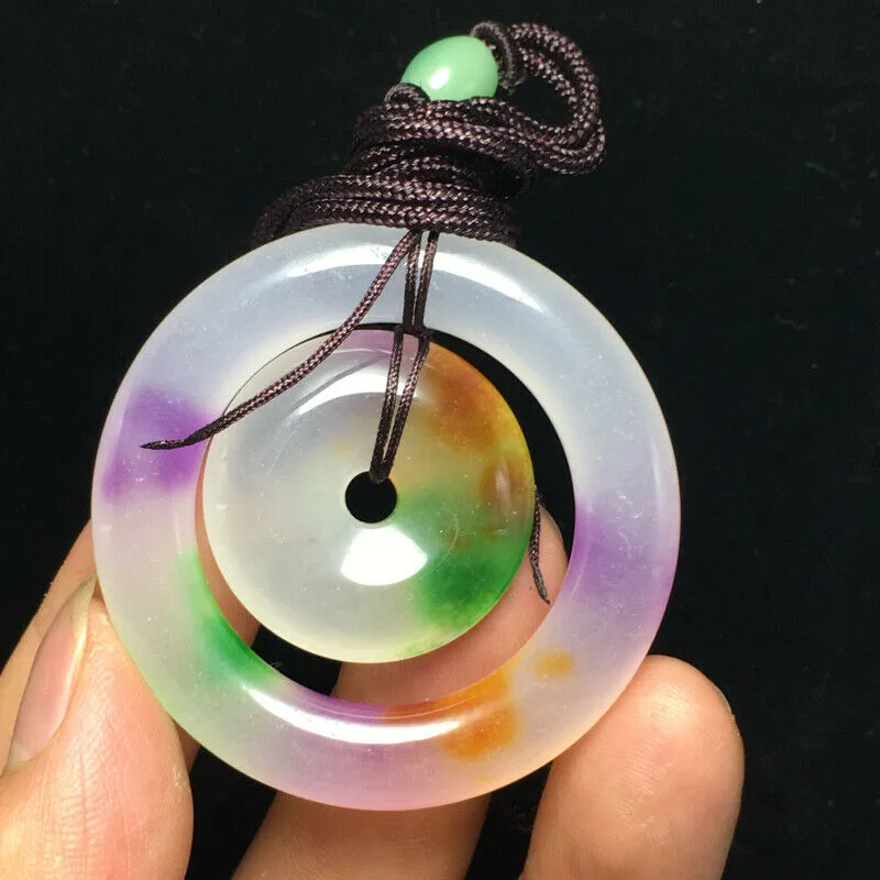 10% OFF- Certified Natural Icy Multi-Color Emerald A*Jade HandCarved Lucky Safety Pendant