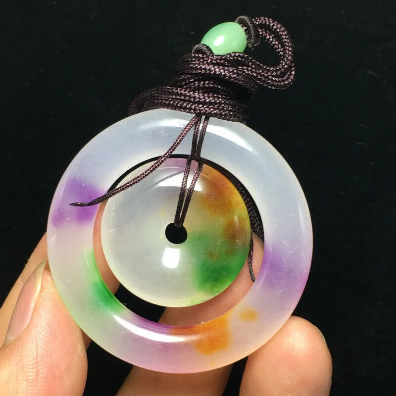 10% OFF- Certified Natural Icy Multi-Color Emerald A*Jade HandCarved Lucky Safety Pendant