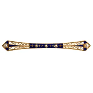 14K Gold Enamel and Seed Pearl Bar Brooch