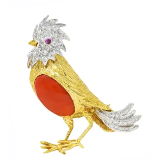 1960's Vintage Coral Pave Diamond Platinum 18 Karat Yellow Gold Cockatiel Bird Brooch