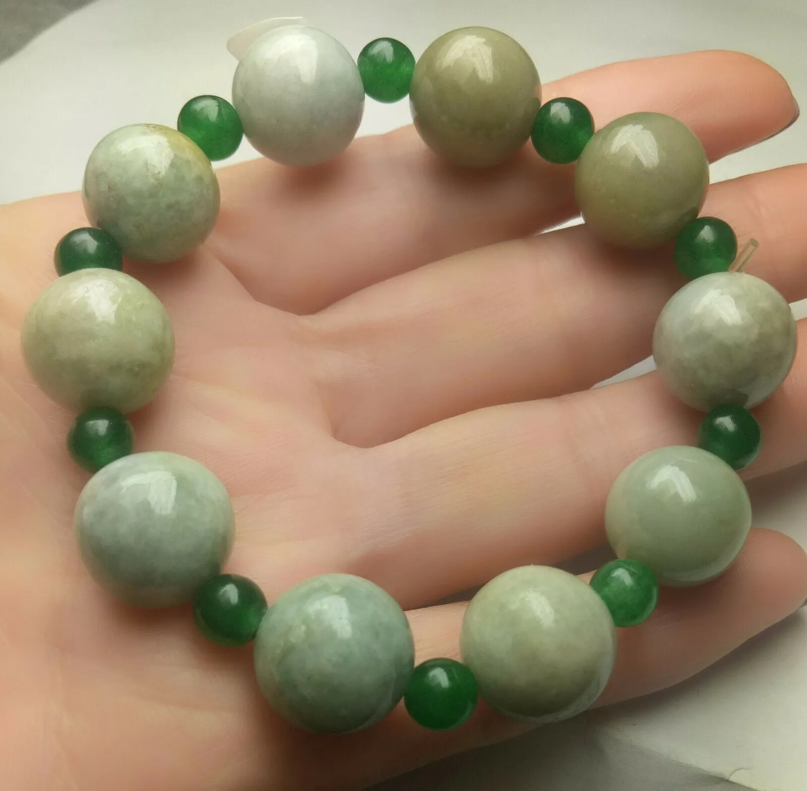55-63mm Certified Natural Jadeite Emerald A Jade Carved 12mm Beads Stretchy-Bracelet A6416 with Gift Box
