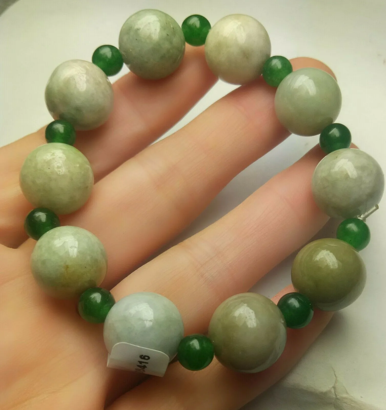 55-63mm Certified Natural Jadeite Emerald A Jade Carved 12mm Beads Stretchy-Bracelet A6416 with Gift Box