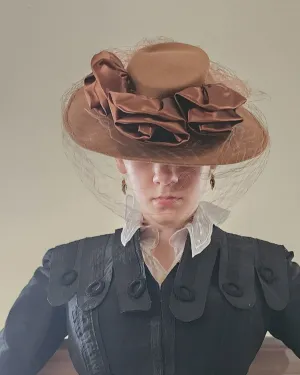 80s Brown Floral Hat Neo Edwardian Style w/Veil