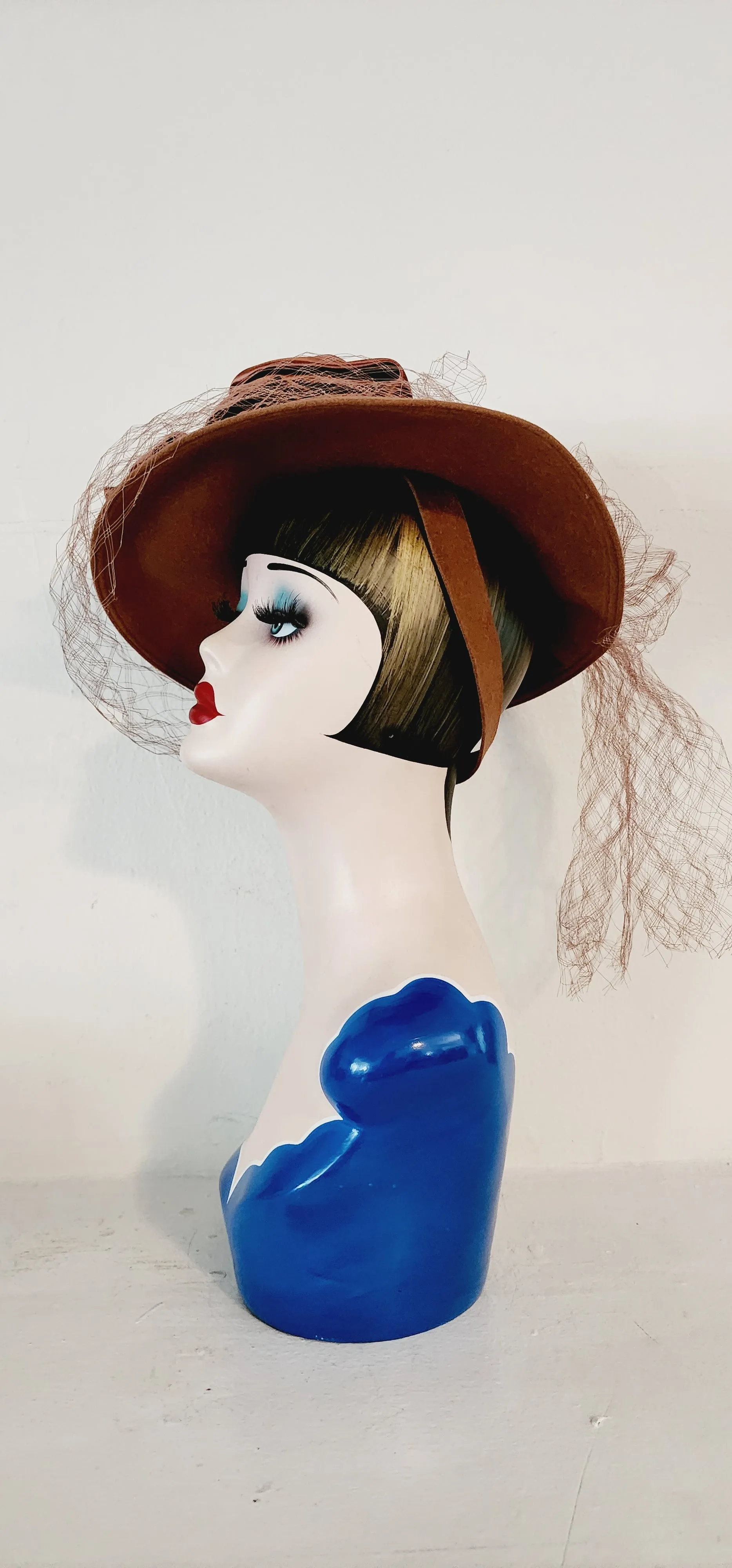 80s Brown Floral Hat Neo Edwardian Style w/Veil