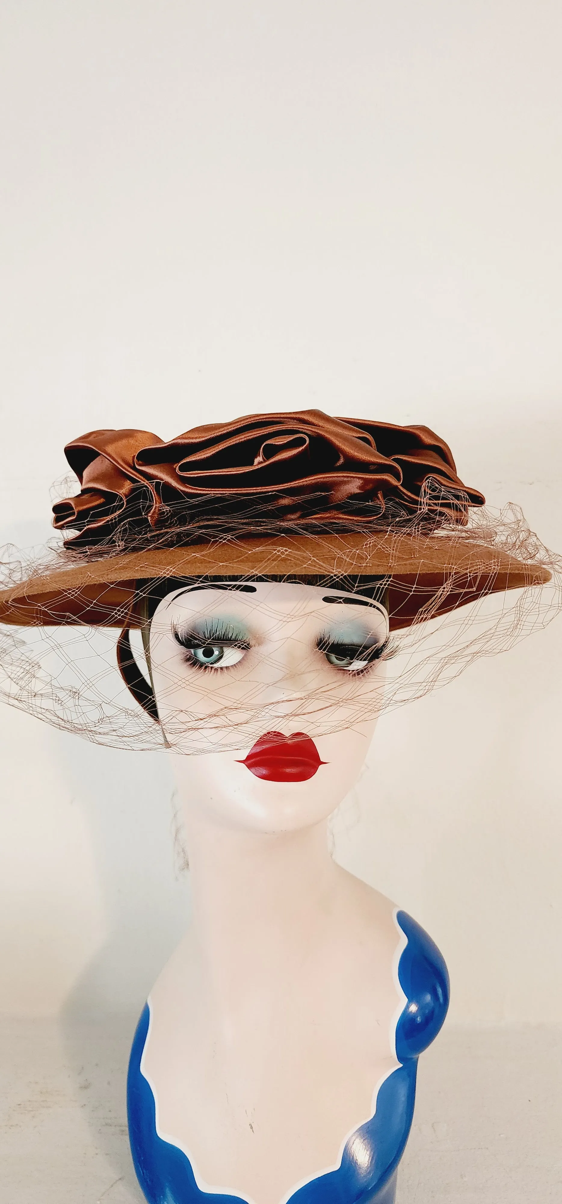 80s Brown Floral Hat Neo Edwardian Style w/Veil