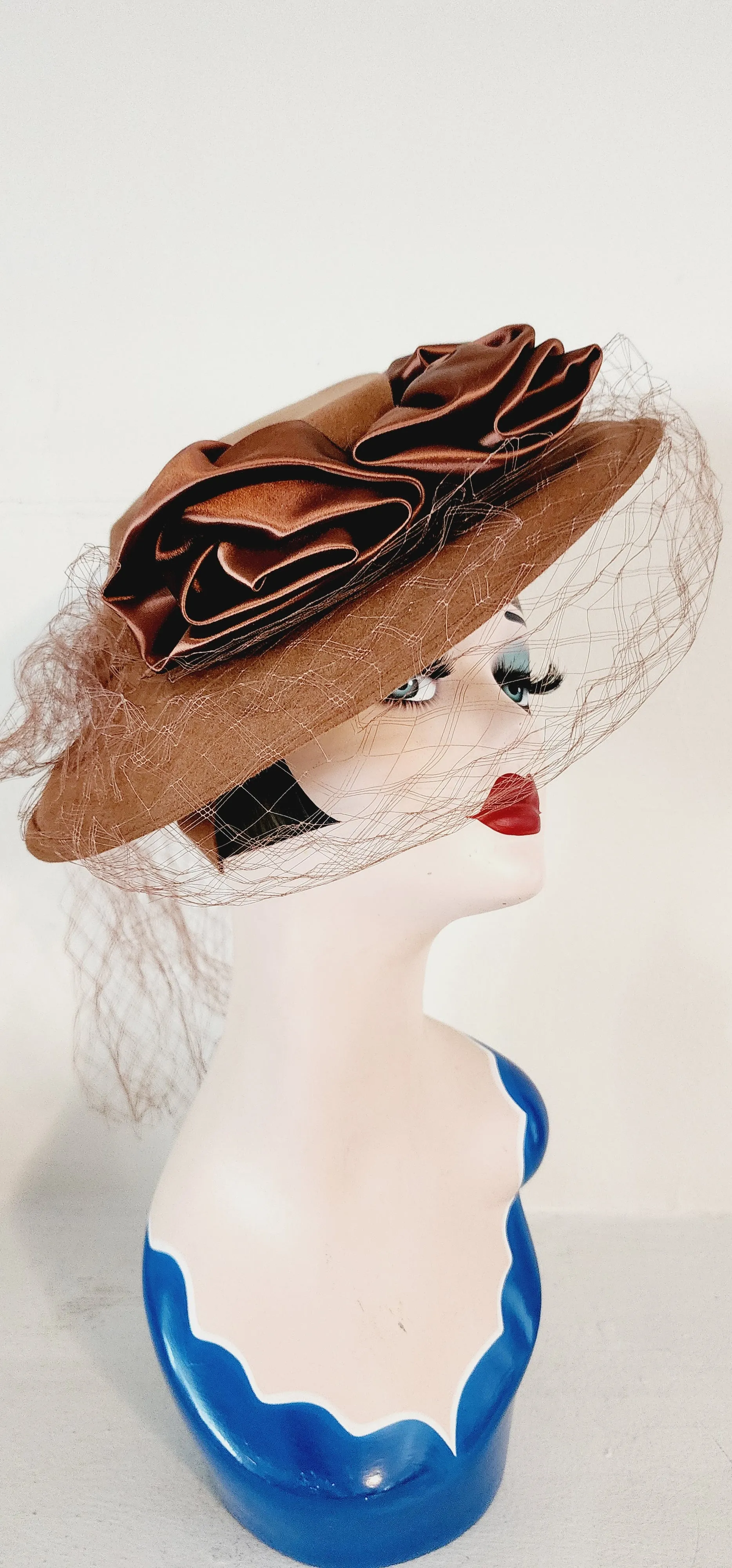 80s Brown Floral Hat Neo Edwardian Style w/Veil