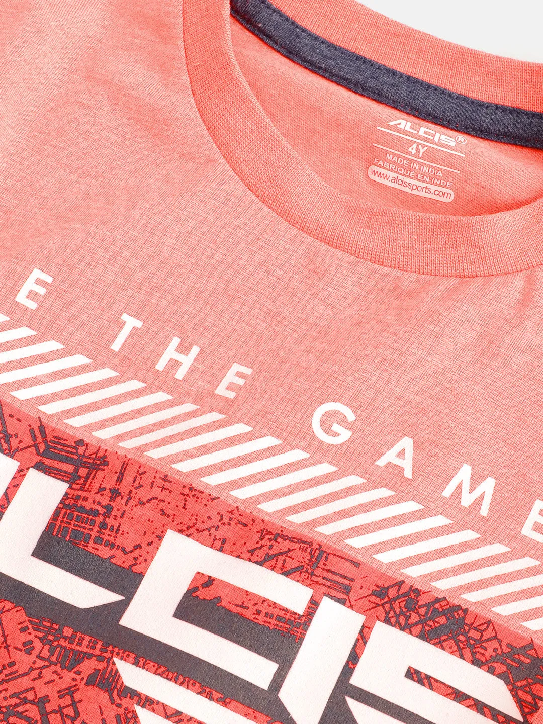 Alcis Boys Peach-Coloured & Red Brand Logo Print Round Neck T-shirt