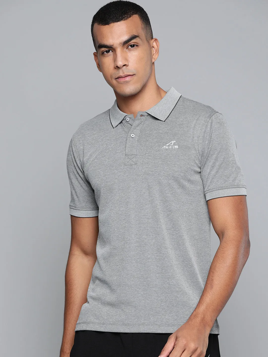 Alcis Men Grey Solid Polo Collar T-shirt