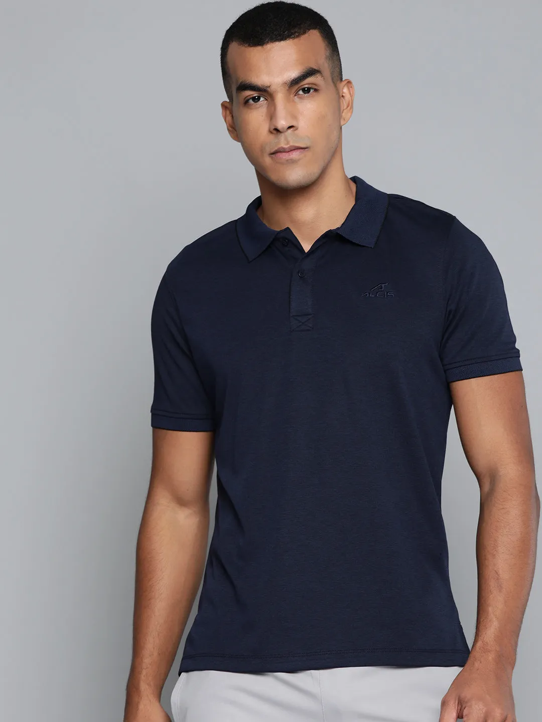Alcis Men Navy Blue Solid Polo Collar T-shirt