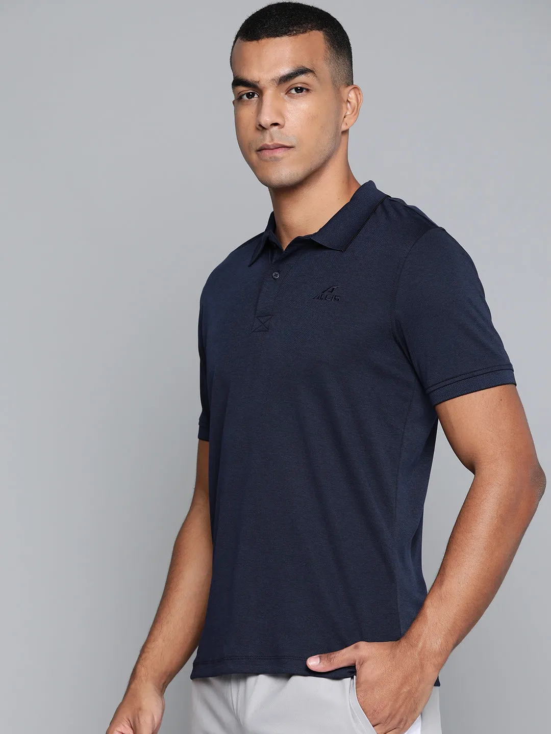 Alcis Men Navy Blue Solid Polo Collar T-shirt