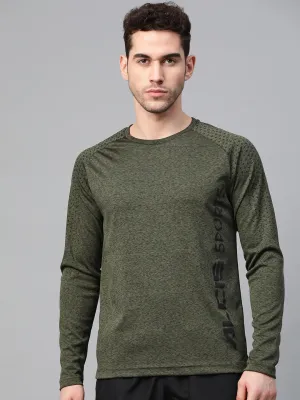 Alcis Men Olive Green Black Grindle Effect Printed Round Neck Sports T-shirt