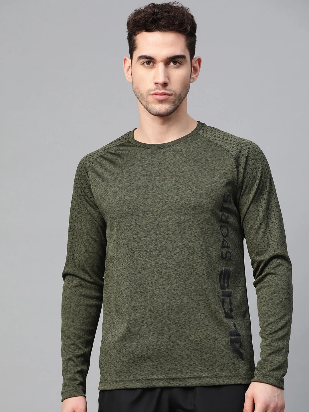 Alcis Men Olive Green Black Grindle Effect Printed Round Neck Sports T-shirt