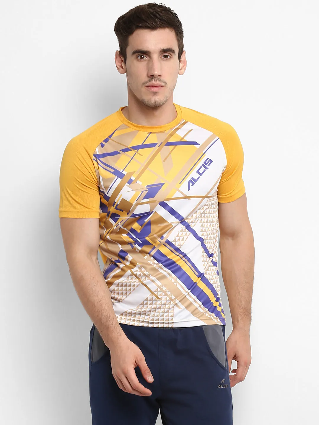 Alcis Men Yellow Printed Round Neck T-shirt