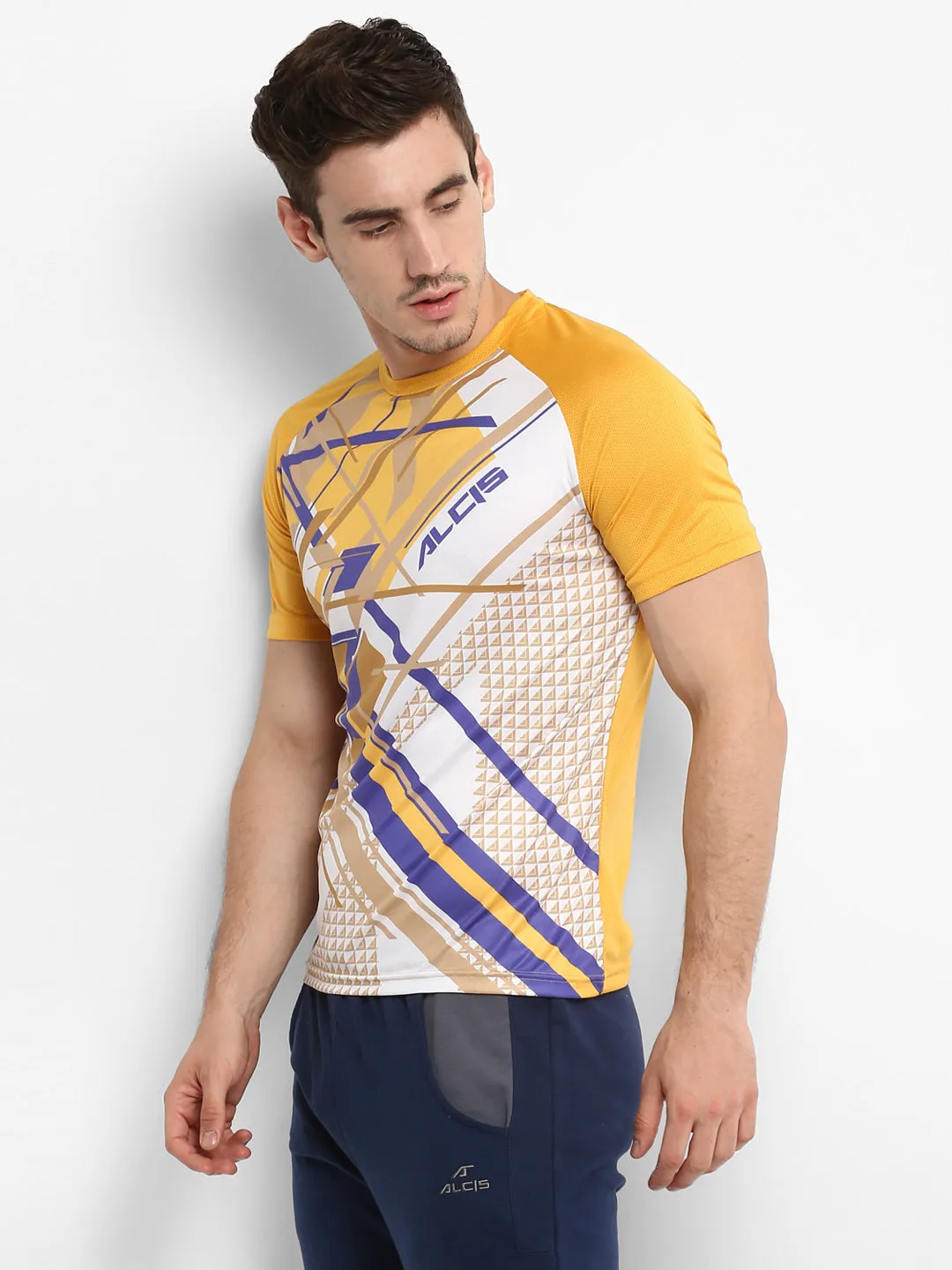 Alcis Men Yellow Printed Round Neck T-shirt