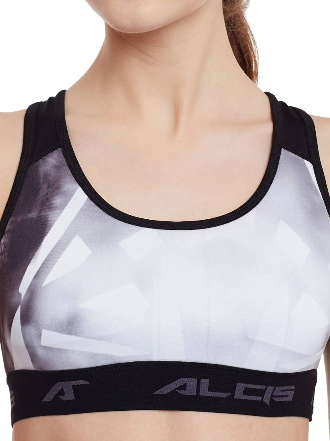 Alcis Off-White & Black Printed Training Sports Bra ALWTP158474 ALWTP158474