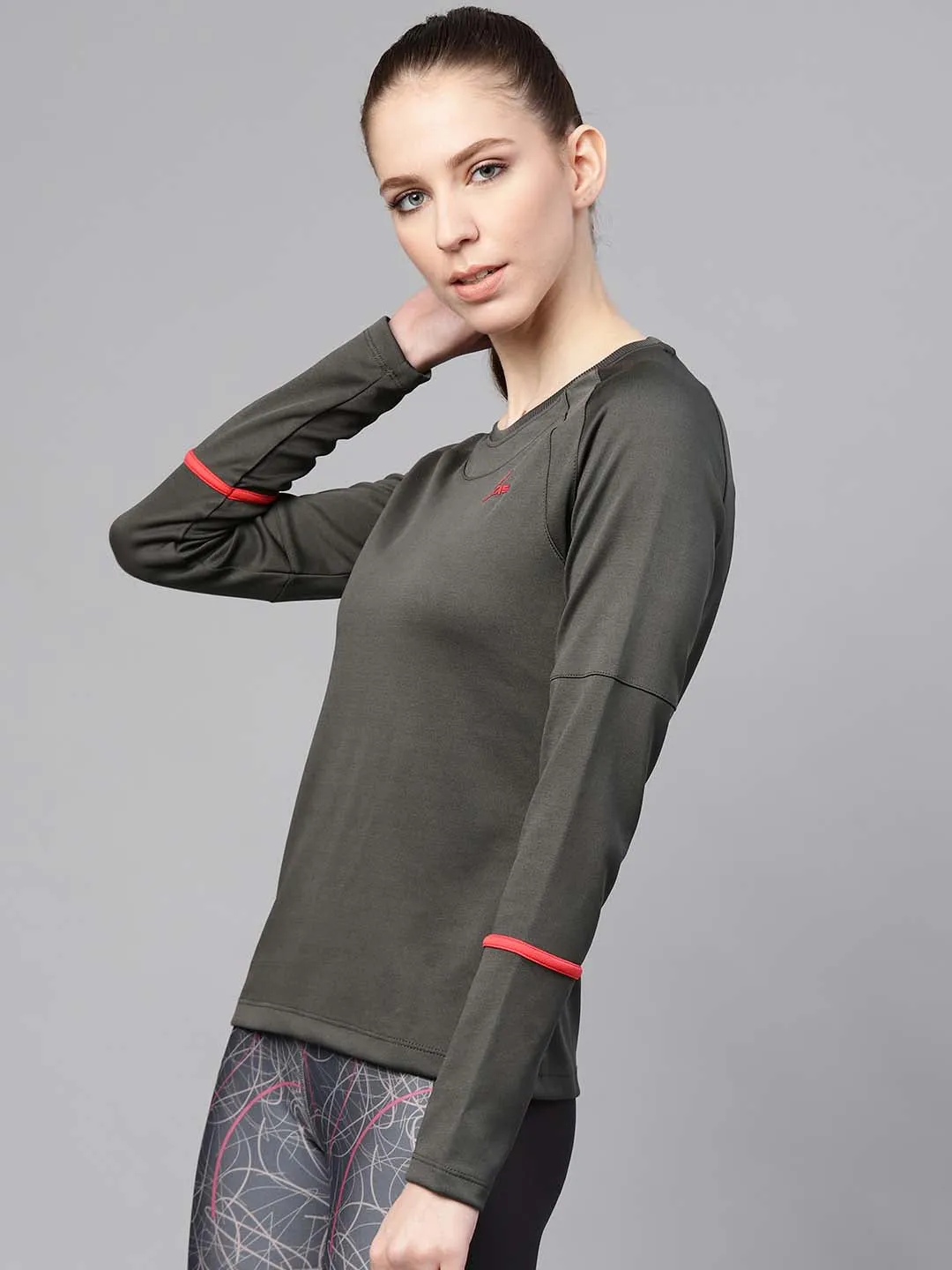 Alcis Women Charcoal Grey Solid Round Neck Tennis T-shirt