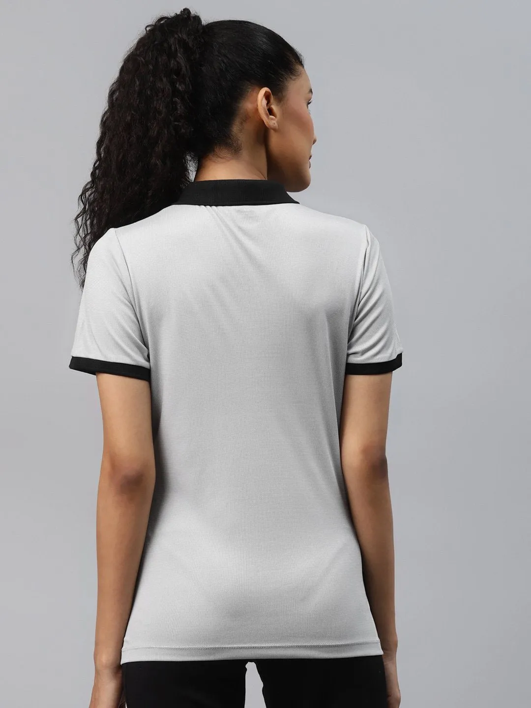 Alcis Women Grey Solid Polo Collar Slim Fit T-shirt
