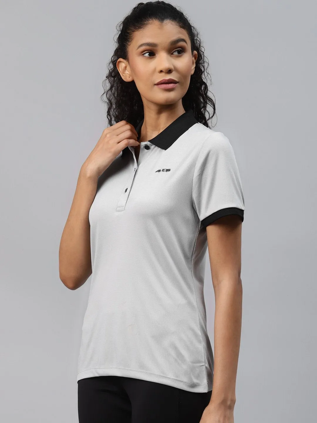 Alcis Women Grey Solid Polo Collar Slim Fit T-shirt