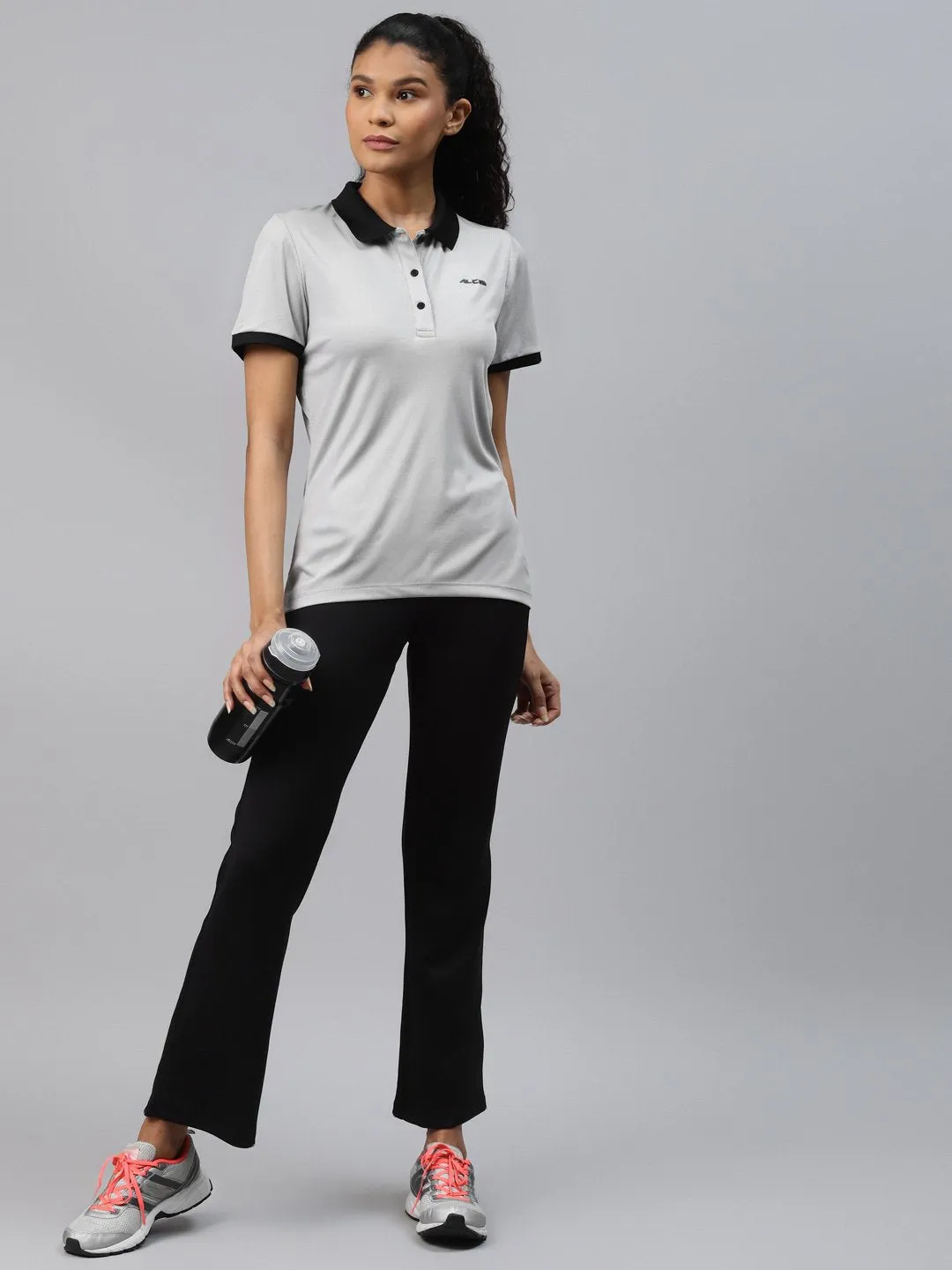 Alcis Women Grey Solid Polo Collar Slim Fit T-shirt