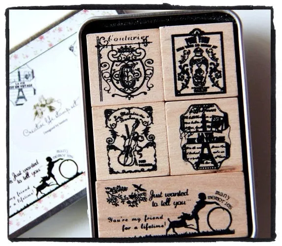 Antique French Wood Mounted Rubber Stamp 5 pieces in Tin Box