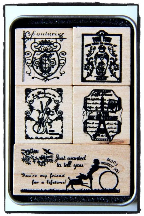 Antique French Wood Mounted Rubber Stamp 5 pieces in Tin Box