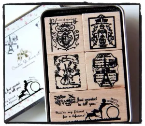 Antique French Wood Mounted Rubber Stamp 5 pieces in Tin Box