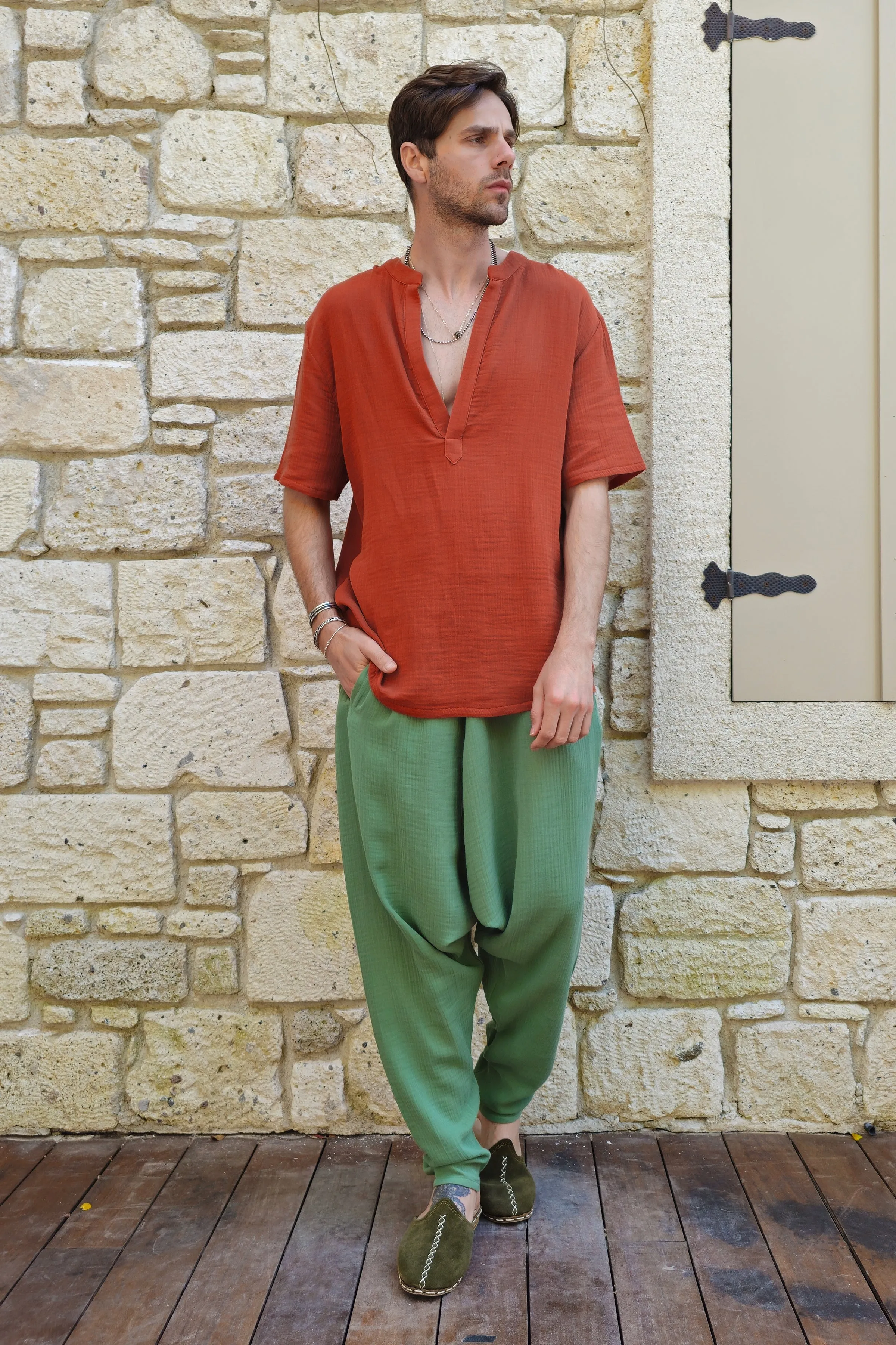 ARCHEUS Organic Cotton Double Gauze Shirt (Light Indigo Blue, Rust Red)