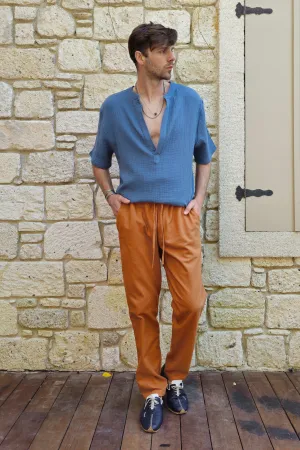 ARCHEUS Organic Cotton Double Gauze Shirt (Light Indigo Blue, Rust Red)