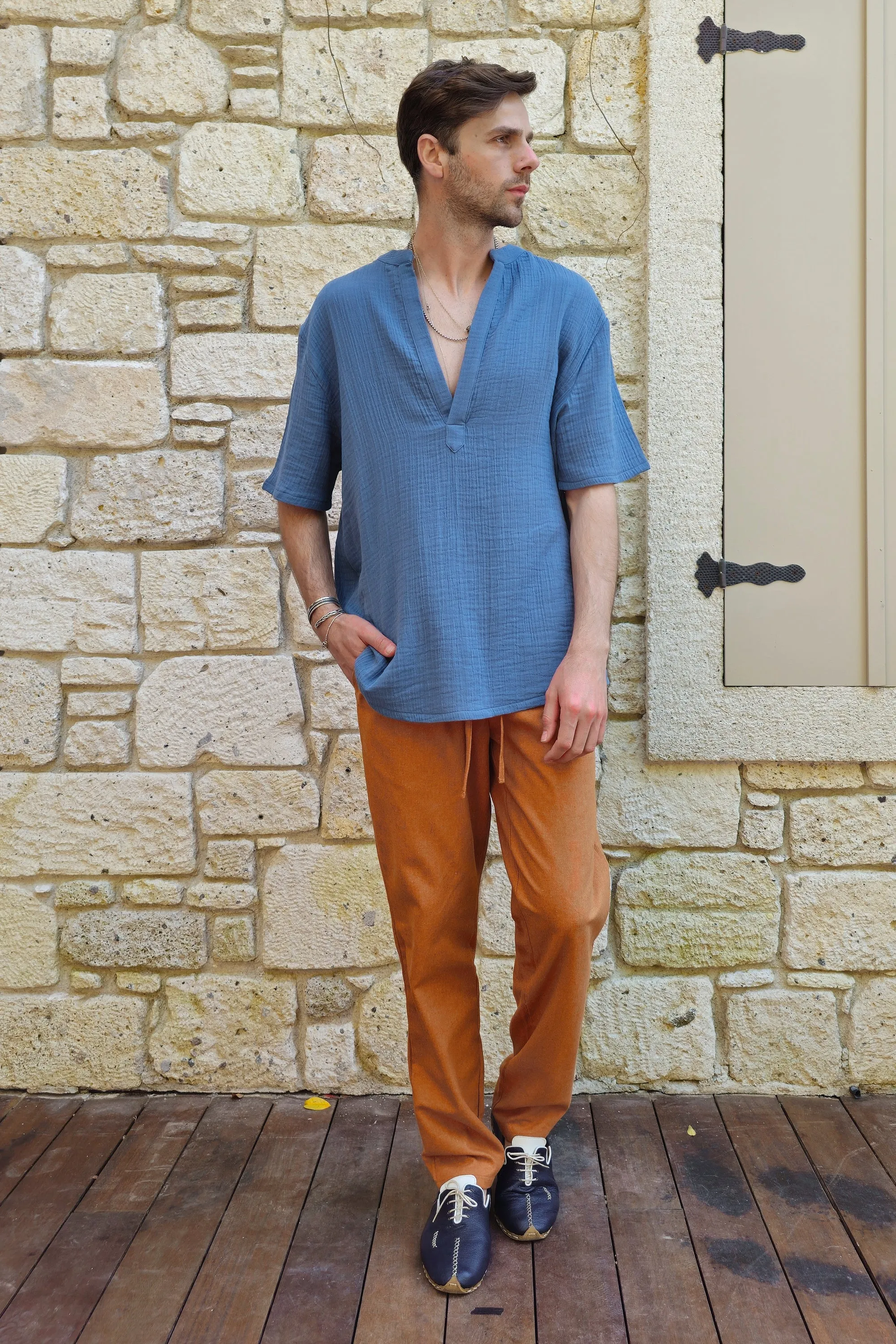 ARCHEUS Organic Cotton Double Gauze Shirt (Light Indigo Blue, Rust Red)