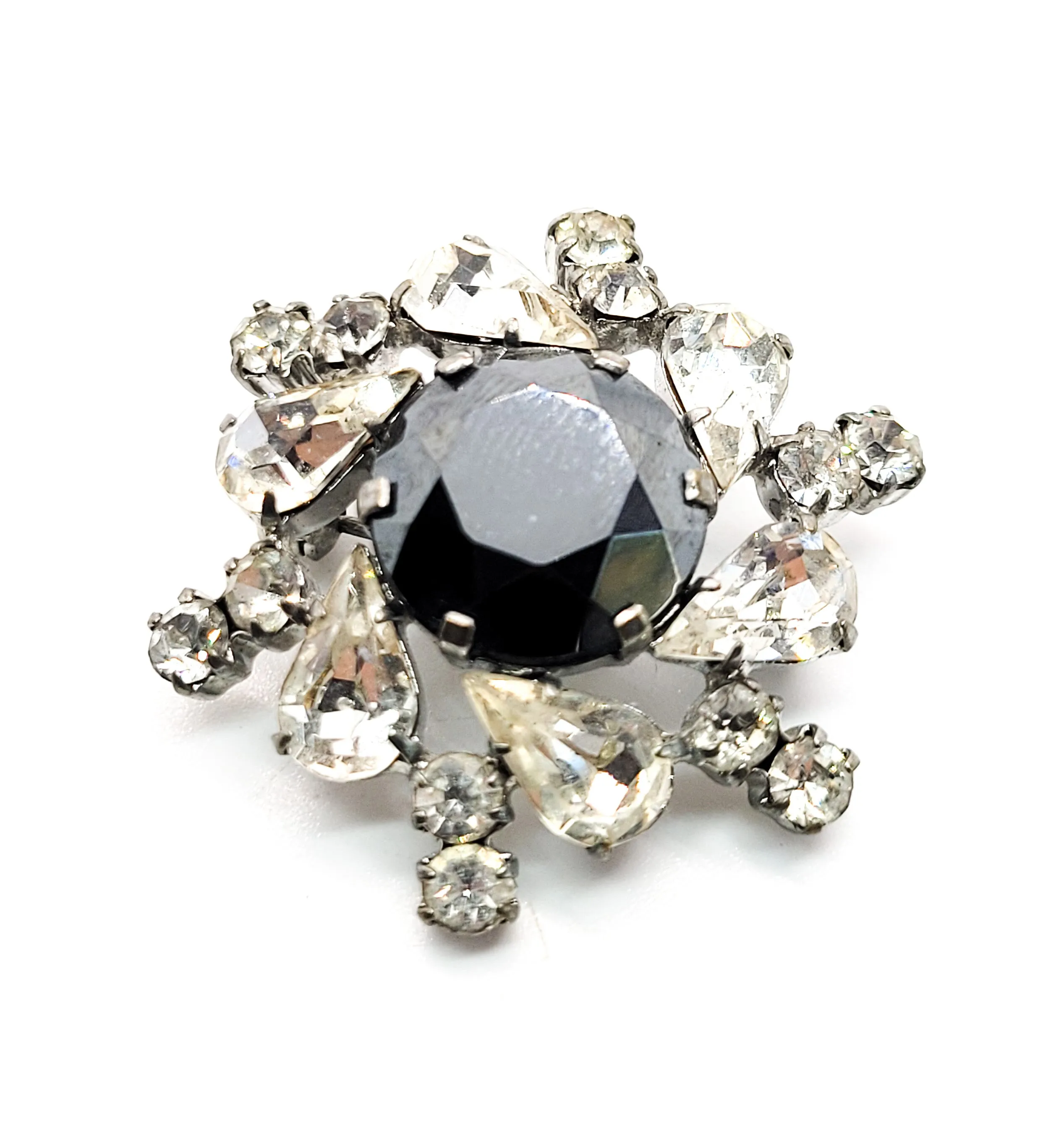 Atomic spiral Hematite glass and clear rhinestone vintage brooch mid century