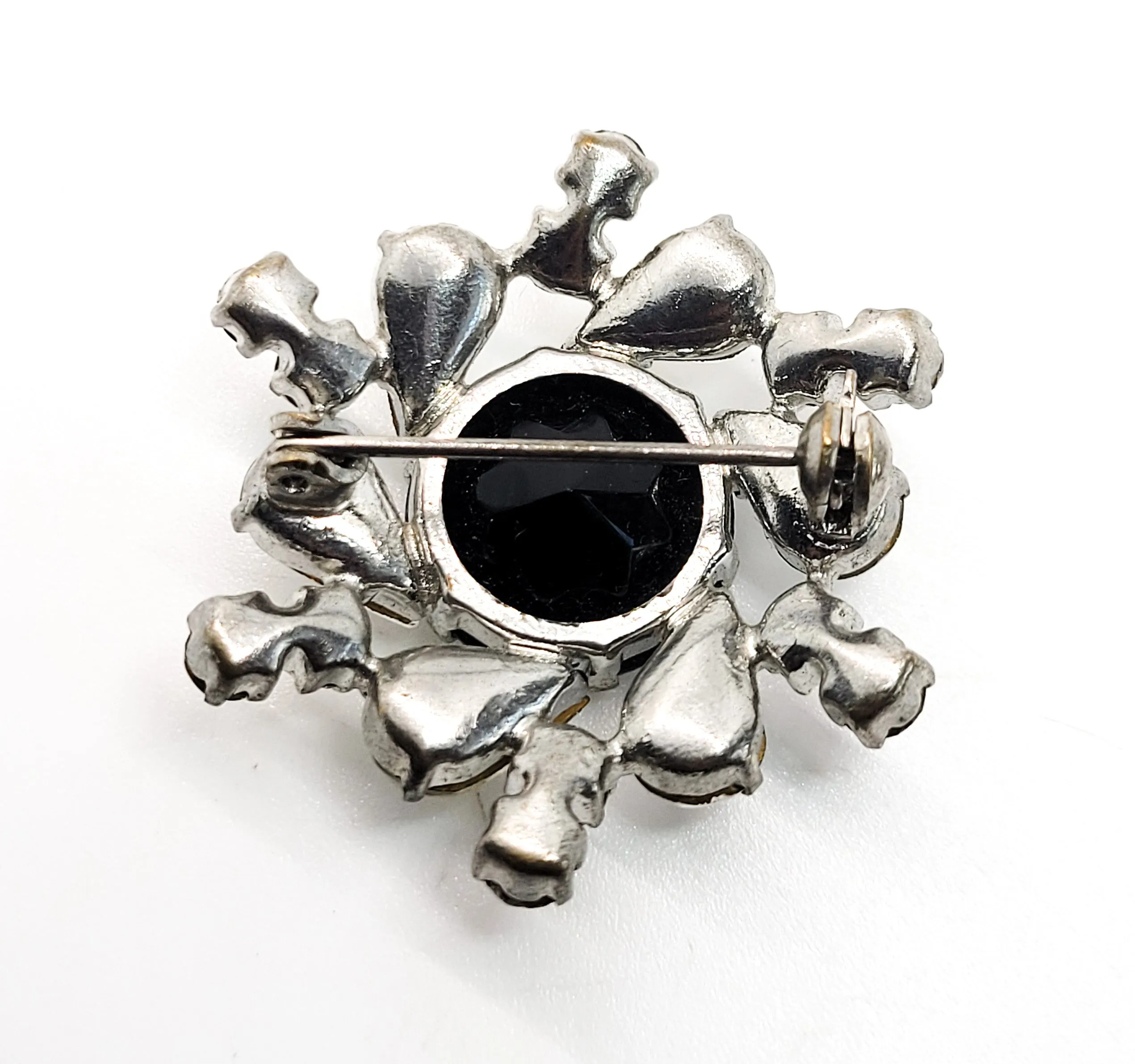 Atomic spiral Hematite glass and clear rhinestone vintage brooch mid century