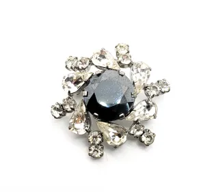 Atomic spiral Hematite glass and clear rhinestone vintage brooch mid century