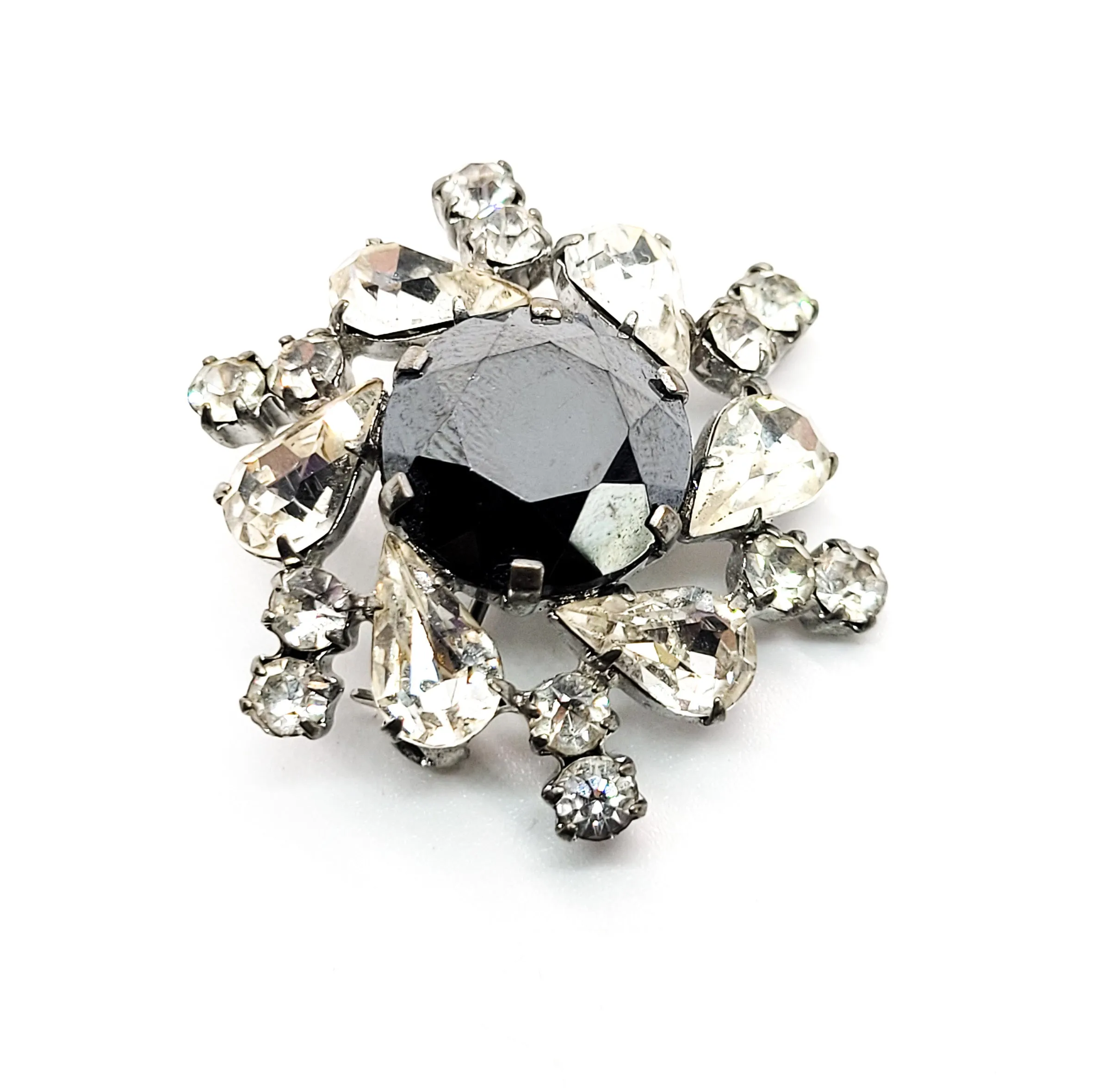 Atomic spiral Hematite glass and clear rhinestone vintage brooch mid century