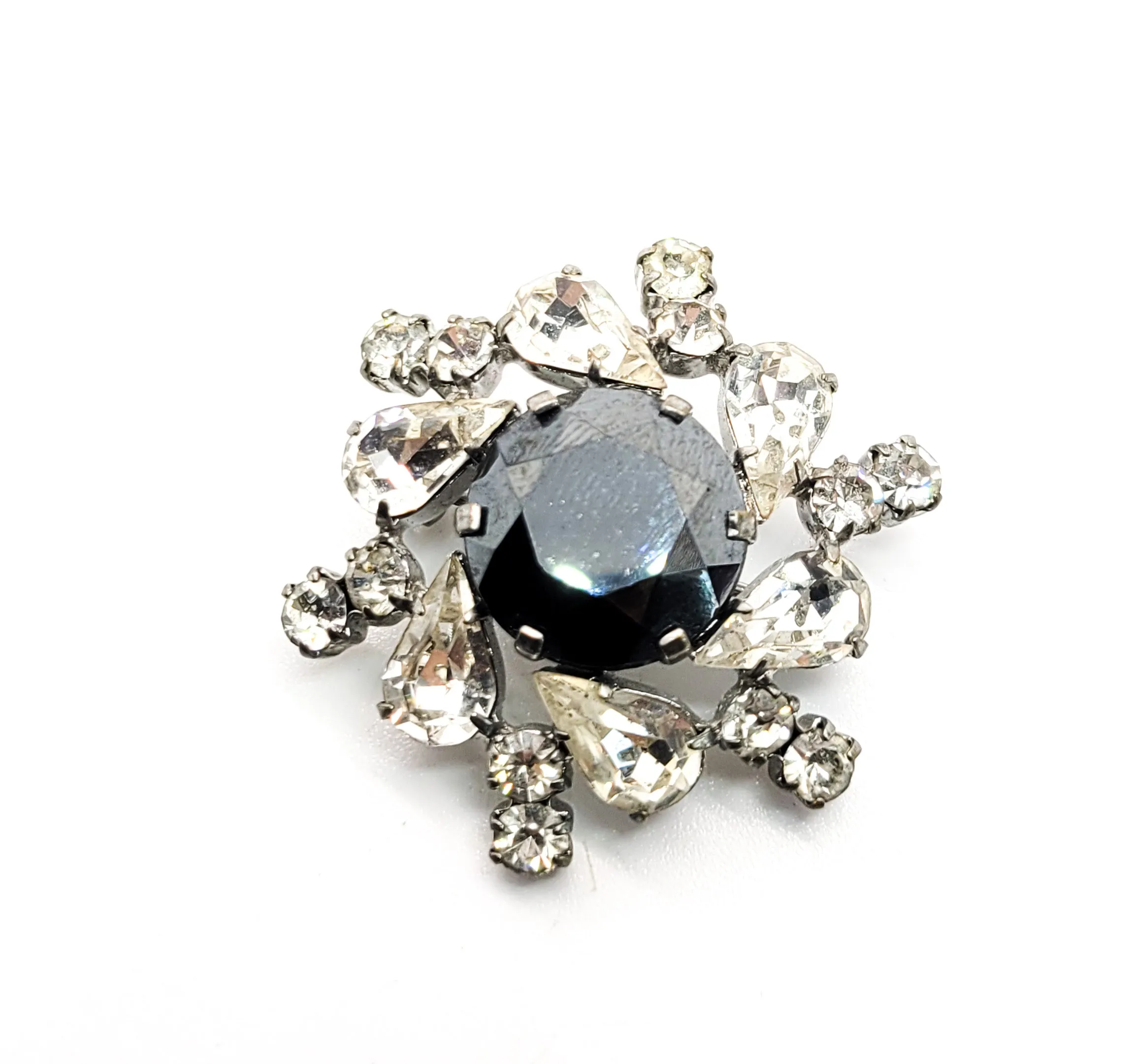 Atomic spiral Hematite glass and clear rhinestone vintage brooch mid century