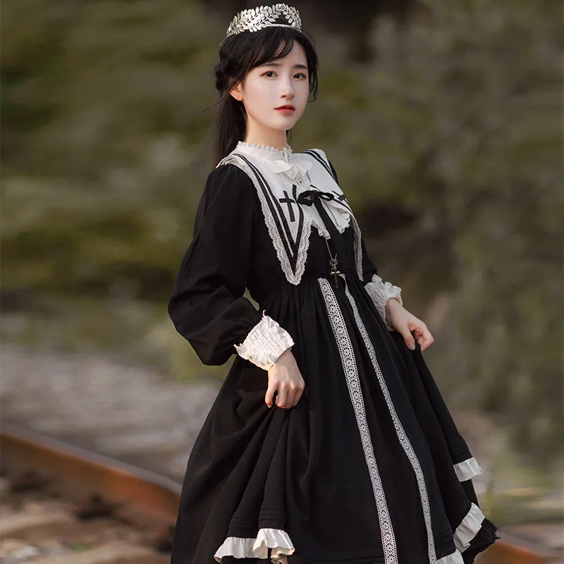 Autumn Nun Style Black Long Dress