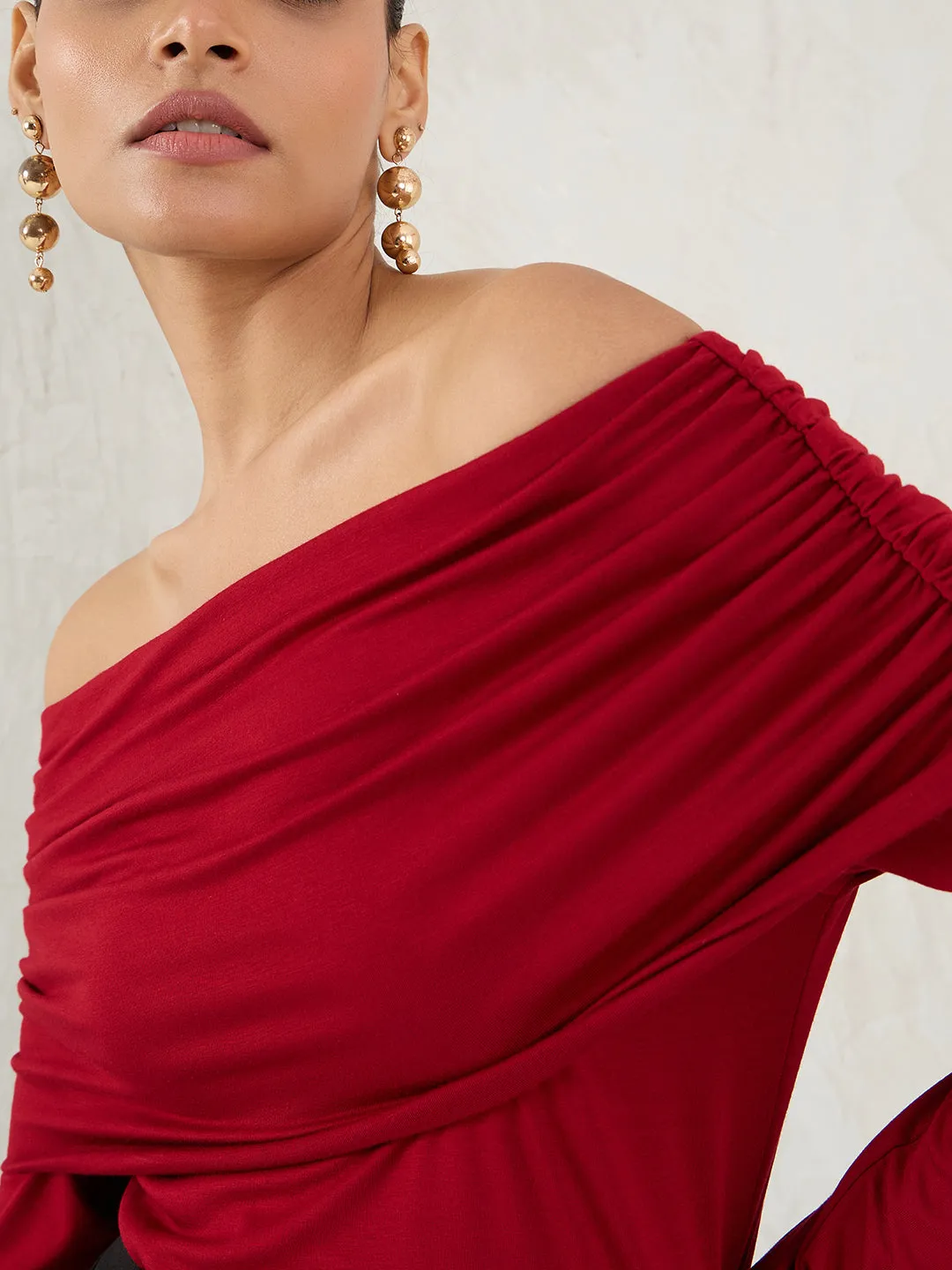 Bamboo Deep Red Knit Bandeau Ruched Detail Top