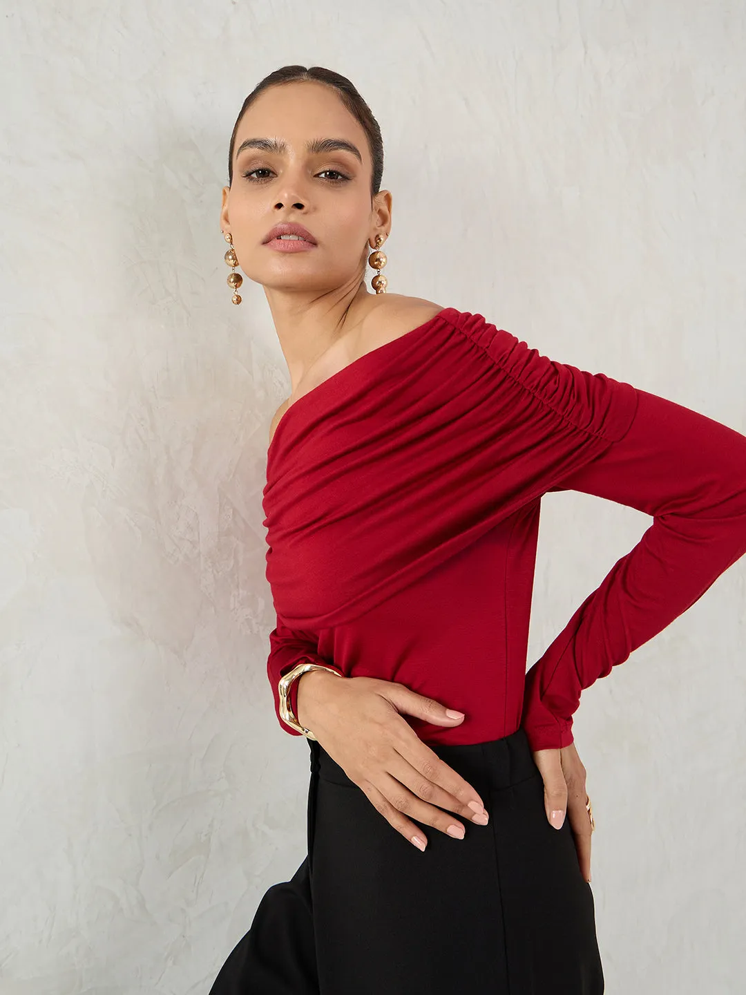 Bamboo Deep Red Knit Bandeau Ruched Detail Top