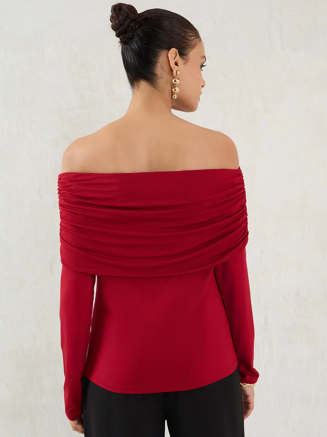 Bamboo Deep Red Knit Bandeau Ruched Detail Top