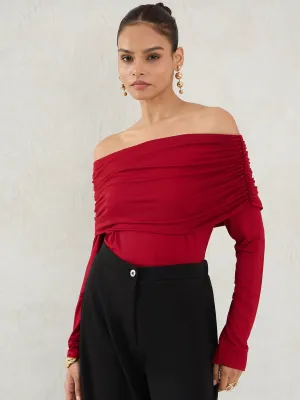 Bamboo Deep Red Knit Bandeau Ruched Detail Top