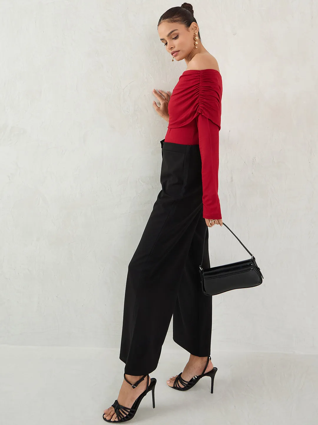 Bamboo Deep Red Knit Bandeau Ruched Detail Top