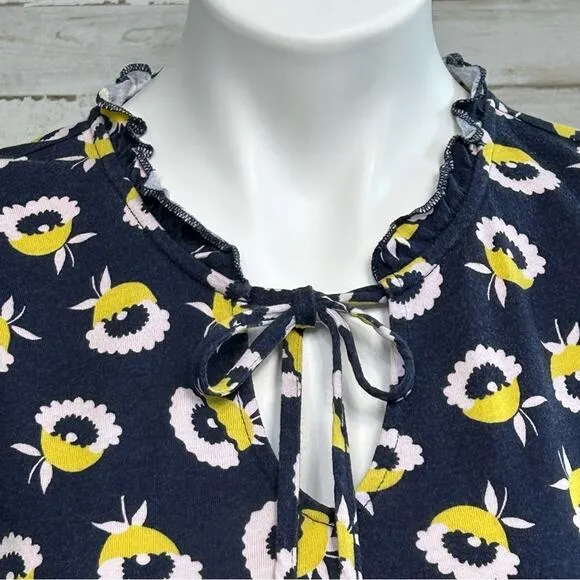 Boden Lois Knit Sleeveless Floral Dress Womens Size 6 Navy Yellow Ruffle Tie