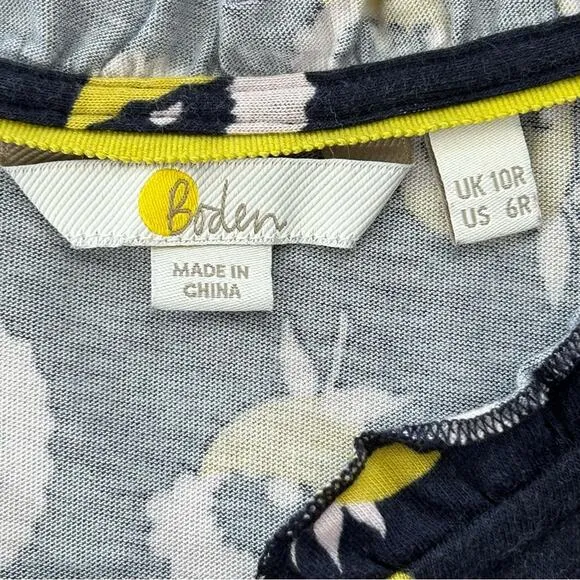Boden Lois Knit Sleeveless Floral Dress Womens Size 6 Navy Yellow Ruffle Tie