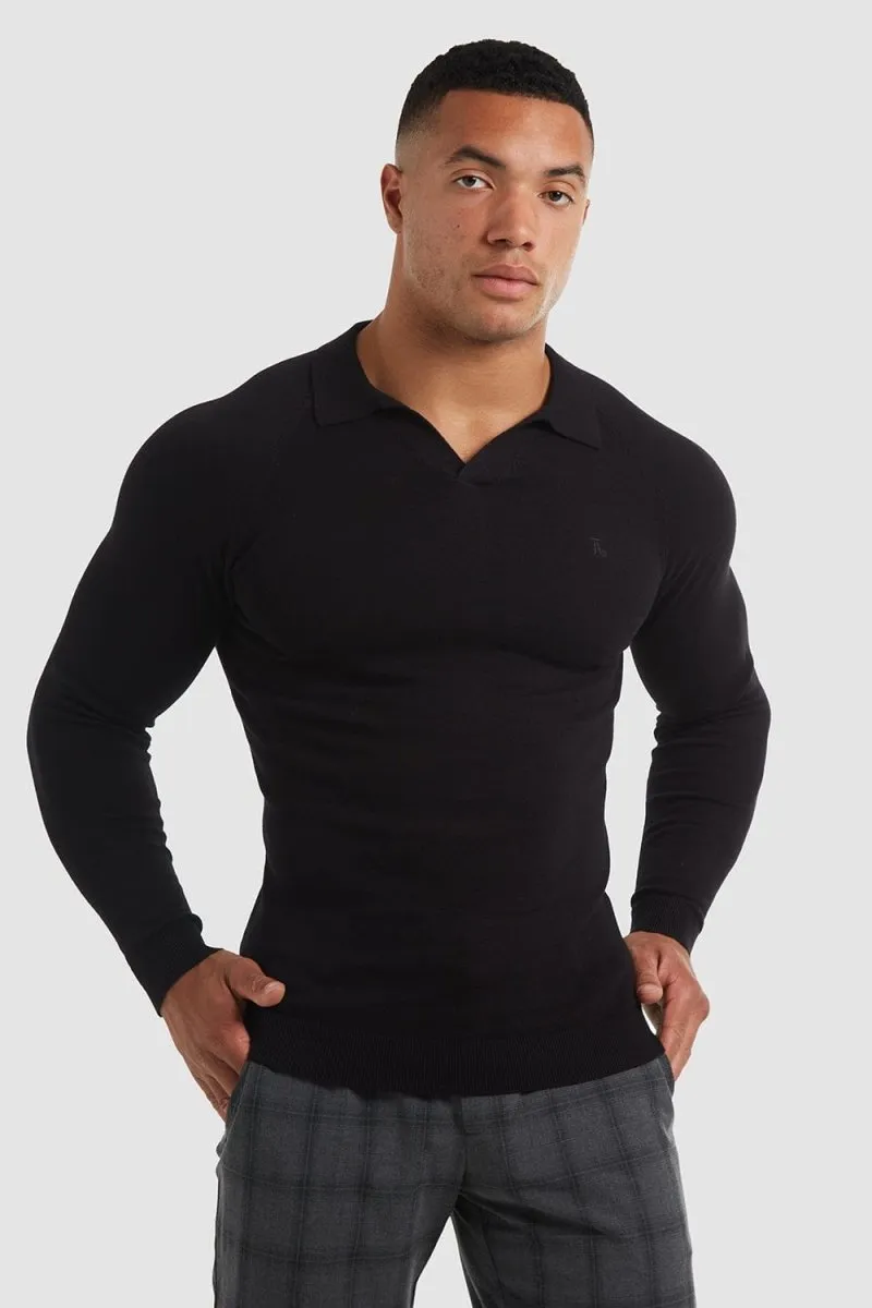 Buttonless Open Collar Polo in Black