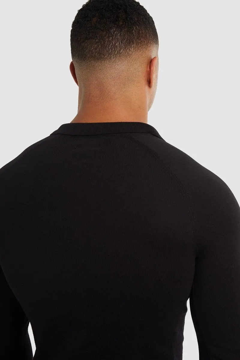 Buttonless Open Collar Polo in Black