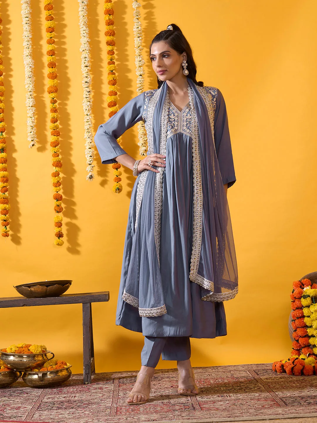 Buy Blue Comfort Fit Chanderi Silk Suit Set for Women Online - Zola