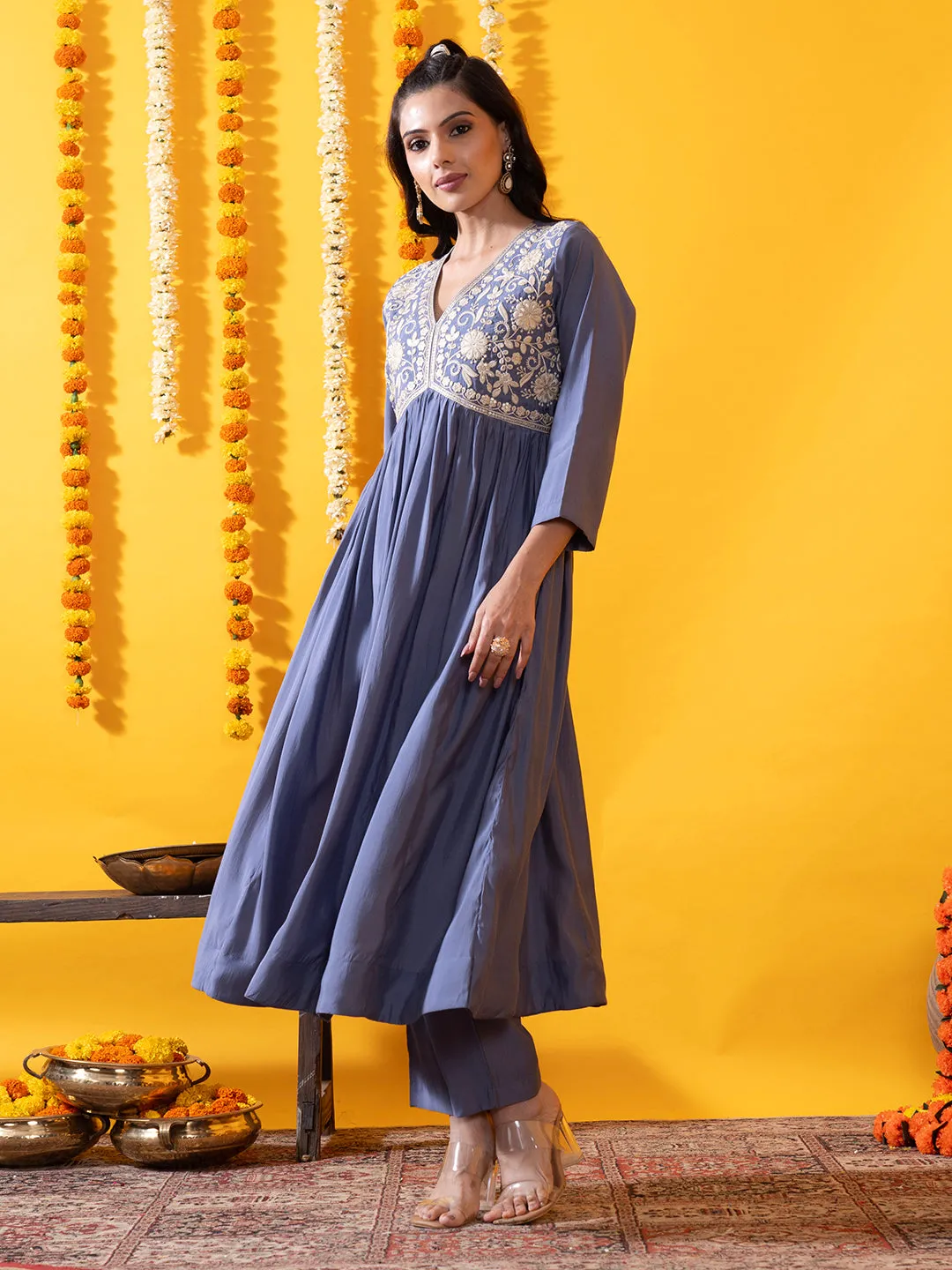 Buy Blue Comfort Fit Chanderi Silk Suit Set for Women Online - Zola