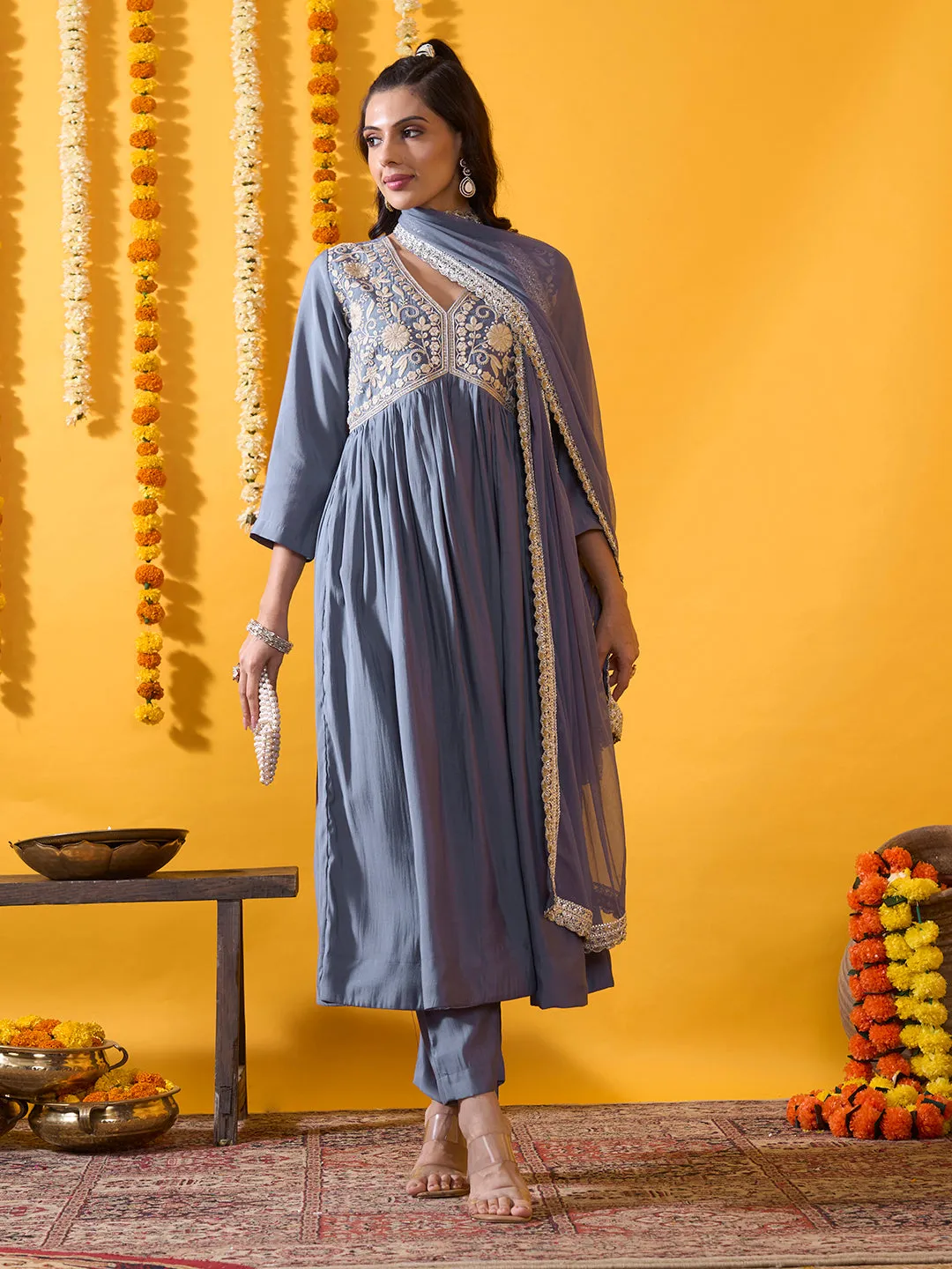 Buy Blue Comfort Fit Chanderi Silk Suit Set for Women Online - Zola