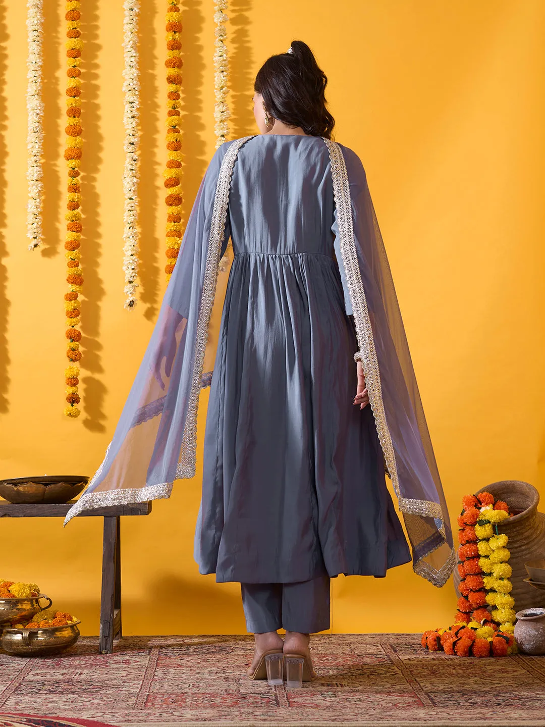 Buy Blue Comfort Fit Chanderi Silk Suit Set for Women Online - Zola
