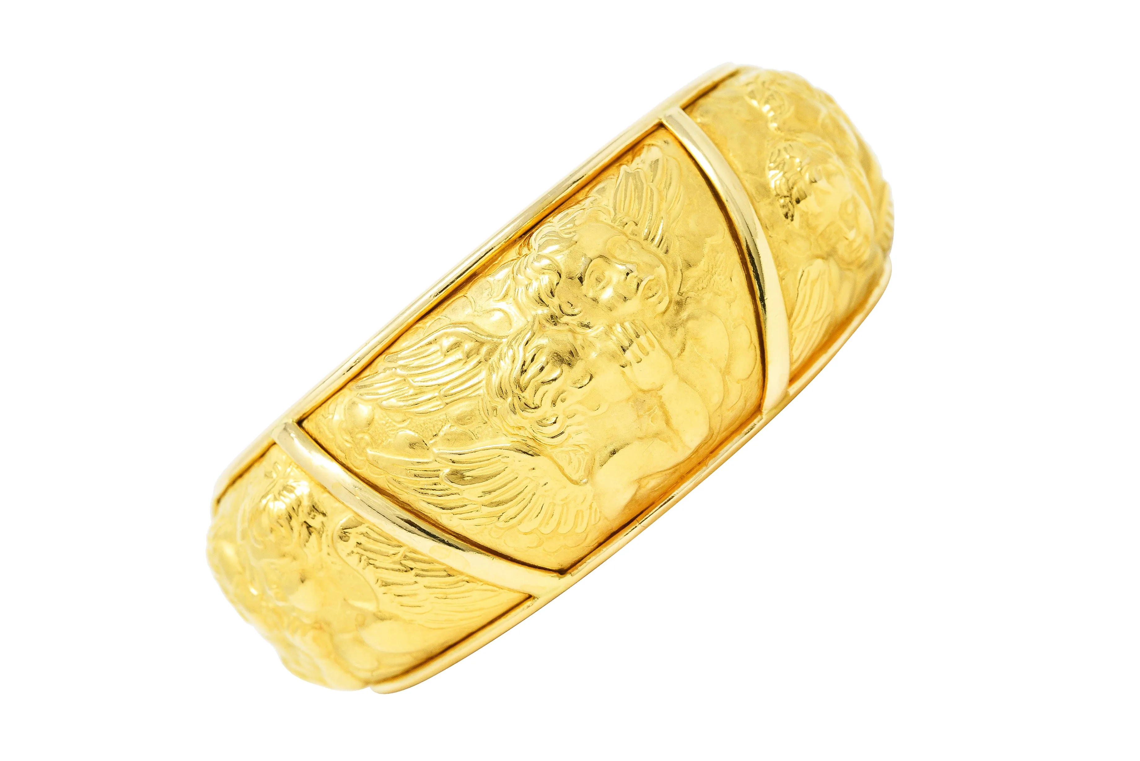Carrera y Carrera 1990's 18 Karat Yellow Gold Repoussé Cherub Vintage Cuff Bracelet