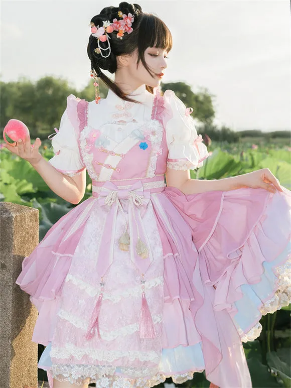 Chinese Style Lolita Dress Ruffles Sleeveless Polyester Chinese Style Lace Pink Chinese Style Lolita